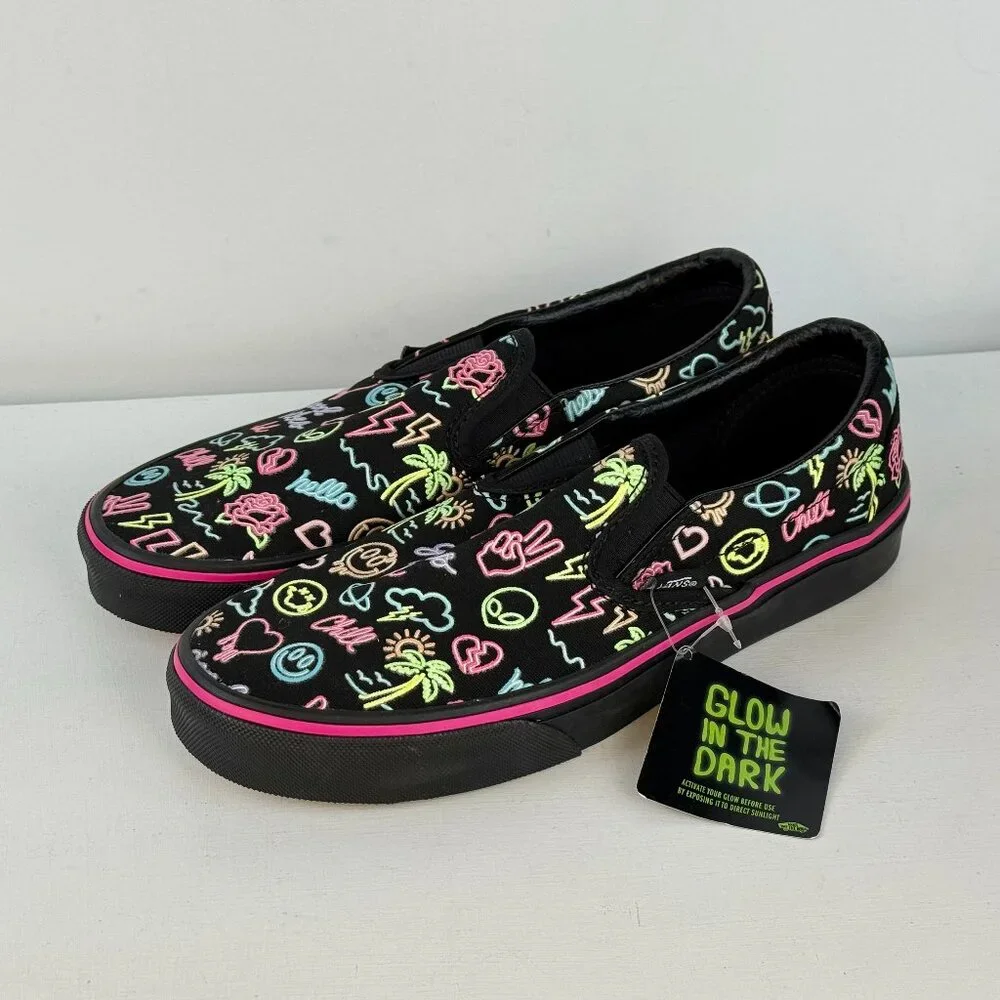 M6 W7.5- Vans Slip-On Glow In The Dark Black Neon Lights Emoji Skate Shoes